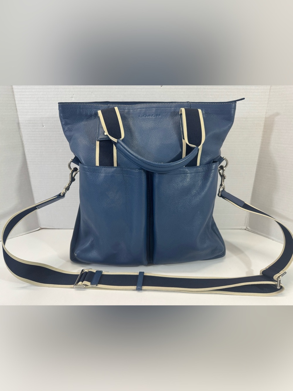 Coach Blue pebble Leather Tote purse cross body Striped Strap*scuff